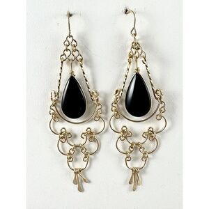 Handmade Black Onyx 14K Gold Filled Wire Wrapped Cabochon Stone Dangling Chandel